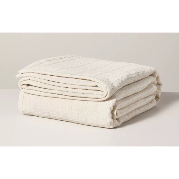 Hearth & Hand Queen Size Textured Grid Design Beige & Cream Coverlet 88" x 92" - Picture 2 of 7